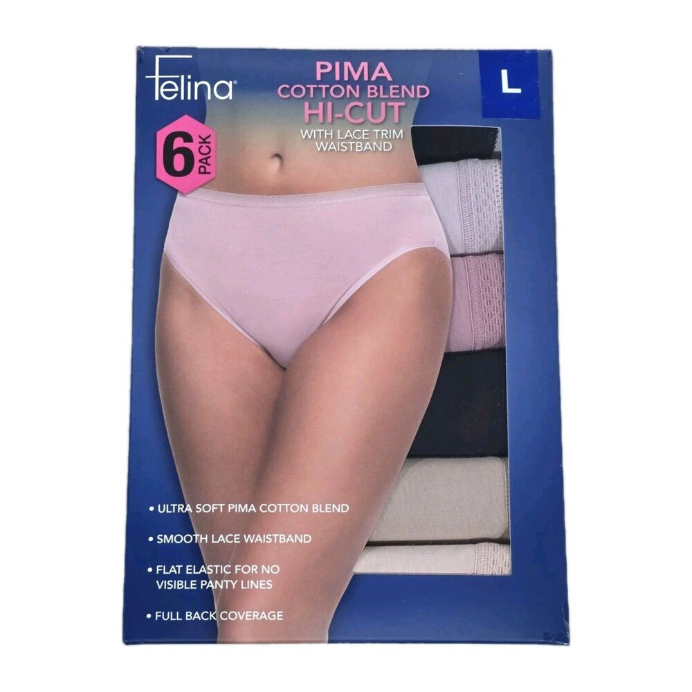 Felina 6-pk Pima Cotton Hi-Cut Lace Trim Panties #7621 Multicolor Women's Size L